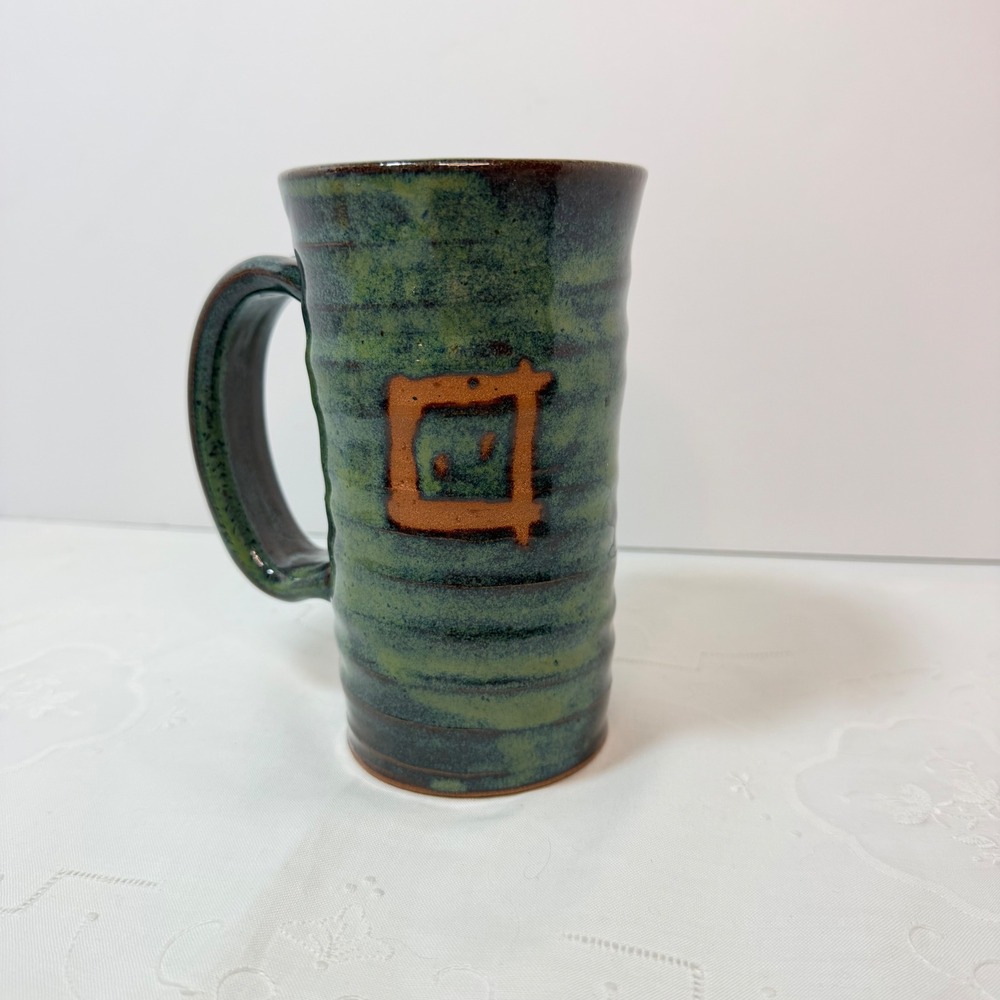 Larry Brown Signed Studio Pottery Mug 2016 Hand Thrown Green Brown Tall